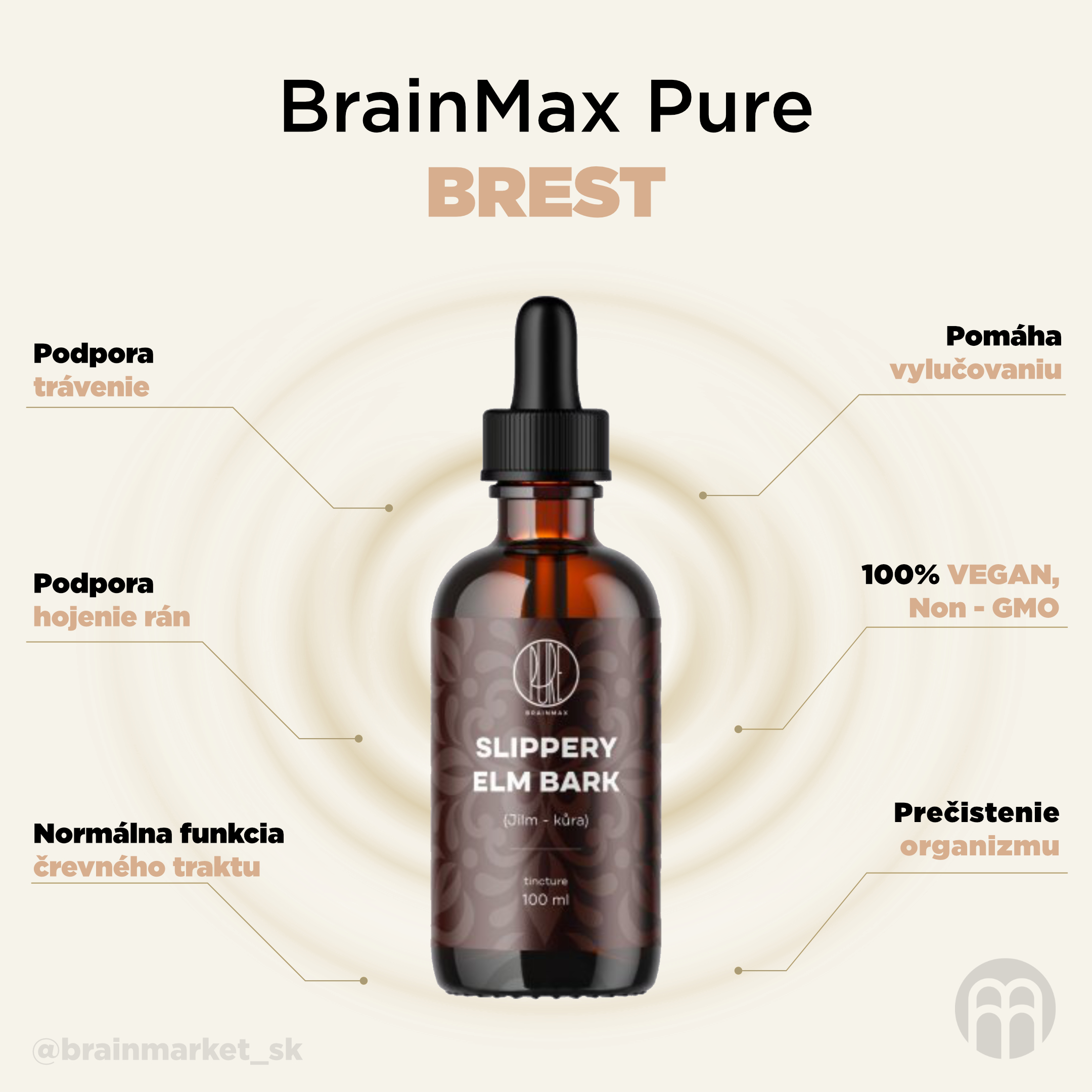 BrainMax Pure Jilm kůra (Slippery Elm bark) tinktura 1:2, 100 ml Obrázek