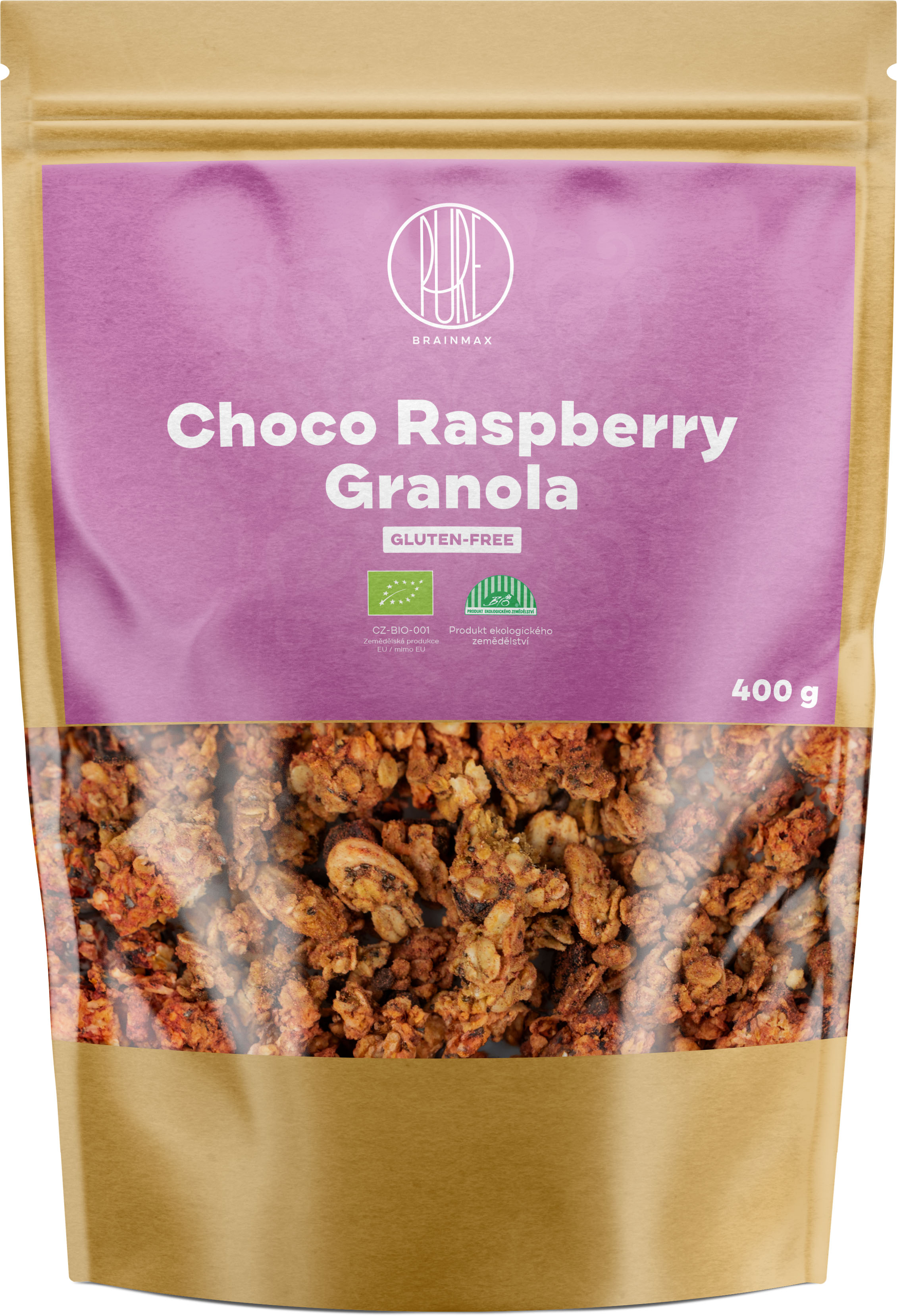 BrainMax Pure Choco Raspberry Granola, granola s čokoládou a malinami, BIO, 400 g Obrázek