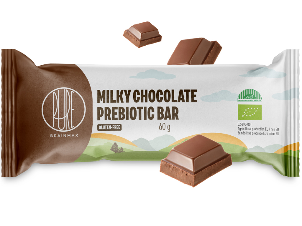 BrainMax Pure Milky Chocolate Prebiotic Bar, Prebiotická tyčinka, Mléčná čokoláda, BIO, 60 g Obrázek