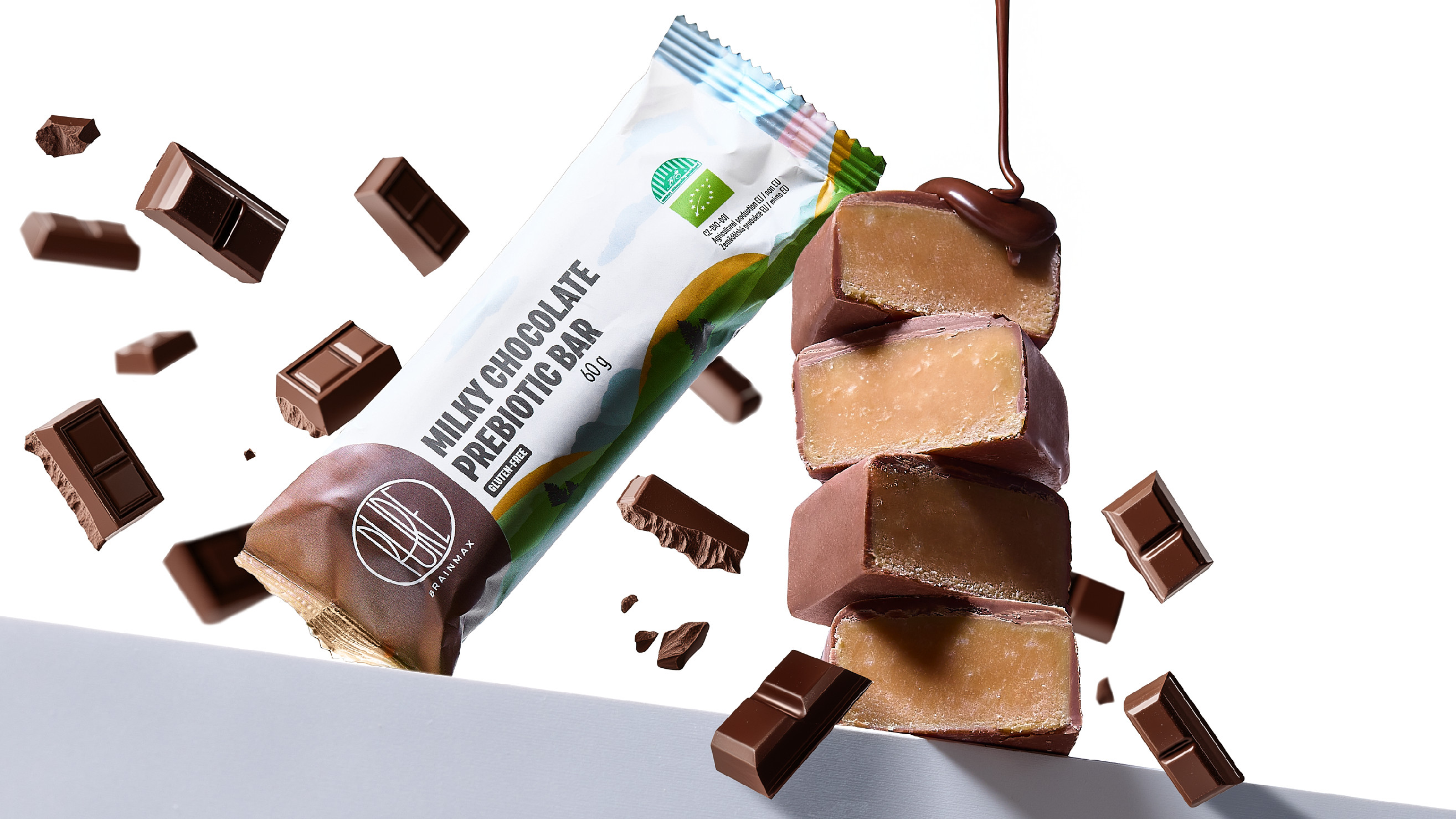 BrainMax Pure Milky Chocolate Prebiotic Bar, Prebiotická tyčinka, Mléčná čokoláda, BIO, 60 g Obrázek