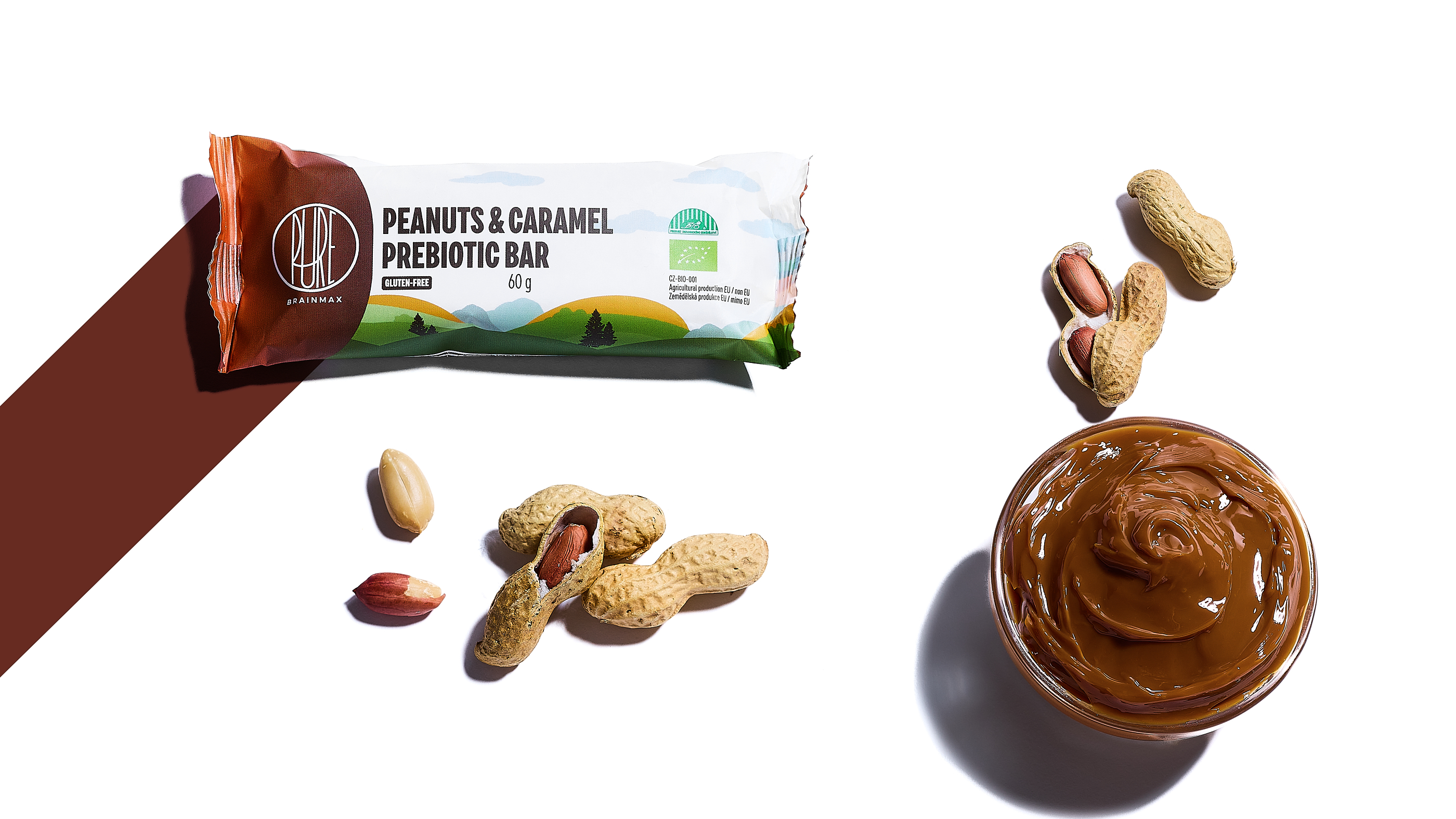BrainMax Pure Peanuts & Caramel Prebiotic Bar, prebiotická tyčinka, arašídy a karamel, BIO, 60 g Obrázek