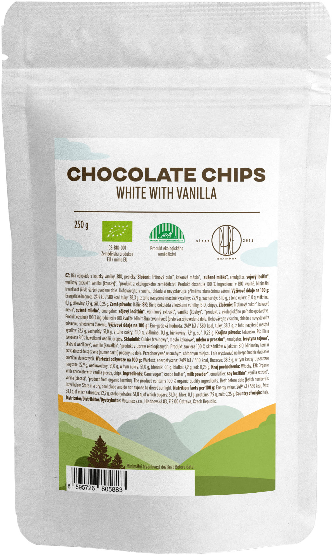 BrainMax Pure White Chocolate with Vanilla Chips, čokoládové chipsy z bielej čokolády, BIO, 250 g