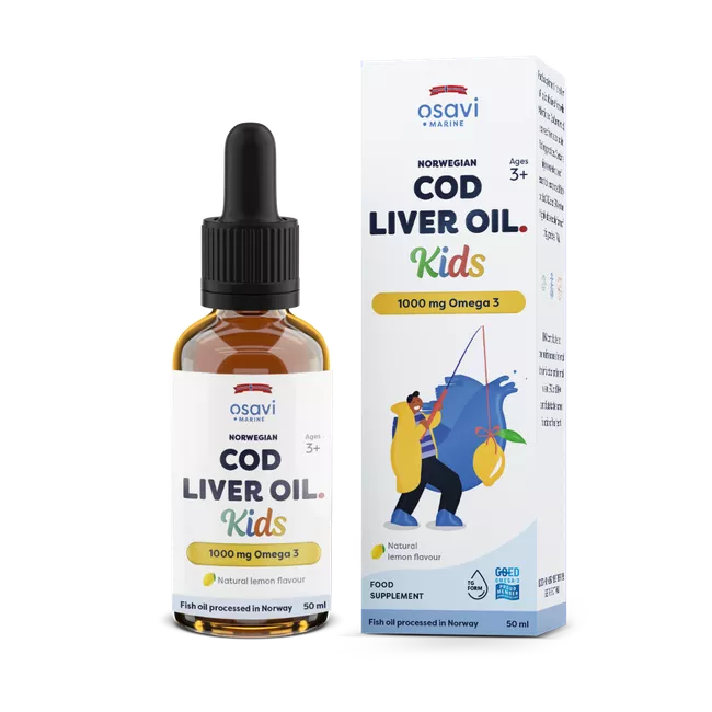Osavi Norweski olej z wątroby dorsza Kids, olej z wątroby dorsza norweskiego, dla dzieci, Omega 3, cytryna, 1000 mg, 50 ml