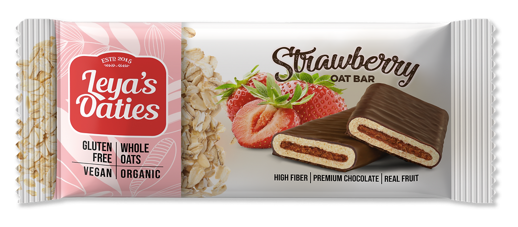 Leya's Oaties Organic Chocolate Coated Strawberry Oat Bar, jahodová ovesná tyčinka v bio čokoládě, 82 g