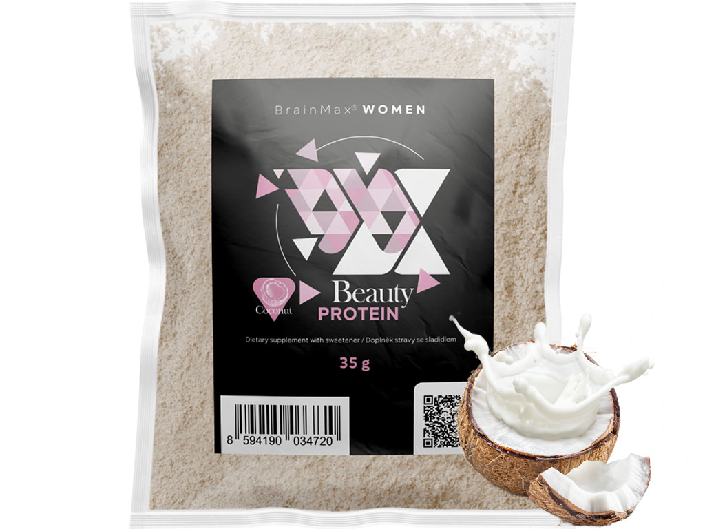 BrainMax Women Beauty Protein, protein pro ženy s kolagenem, keratinem a vitamíny, 35 g, VZOREK Příchuť: Bílá čokoláda Obrázek