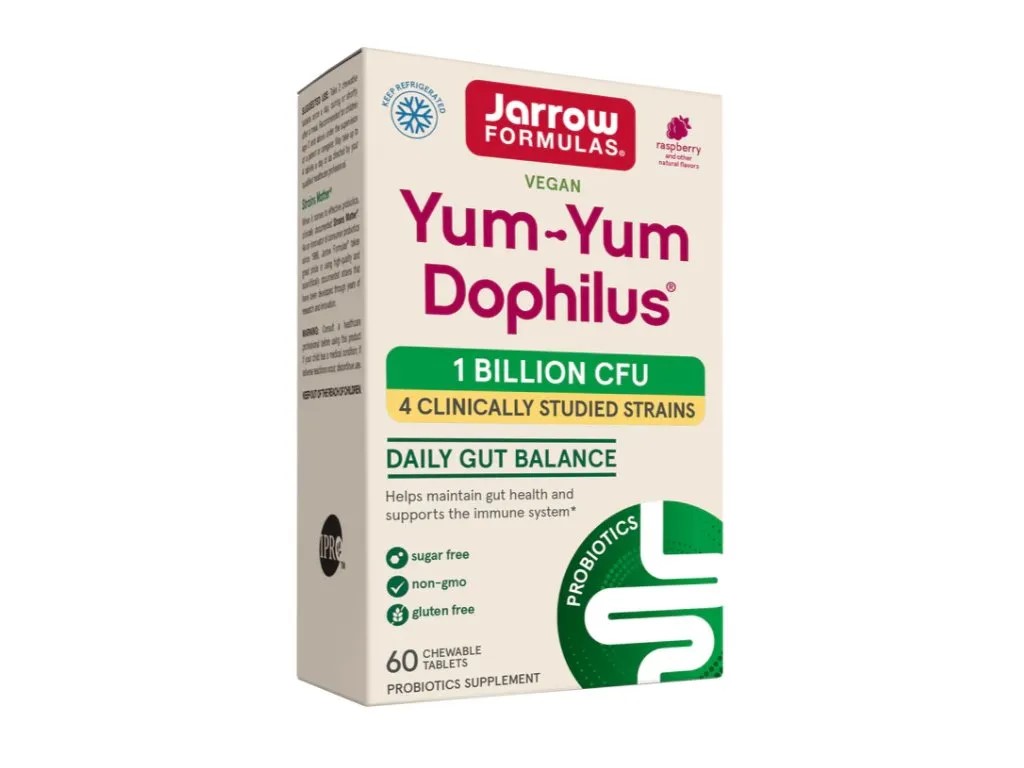 Jarrow Formulas Jarrow Yum-Yum Dophilus, probiotiká, 1 milard CFU, 4 probiotické kmene, malina, 60 žuvacích tabliet