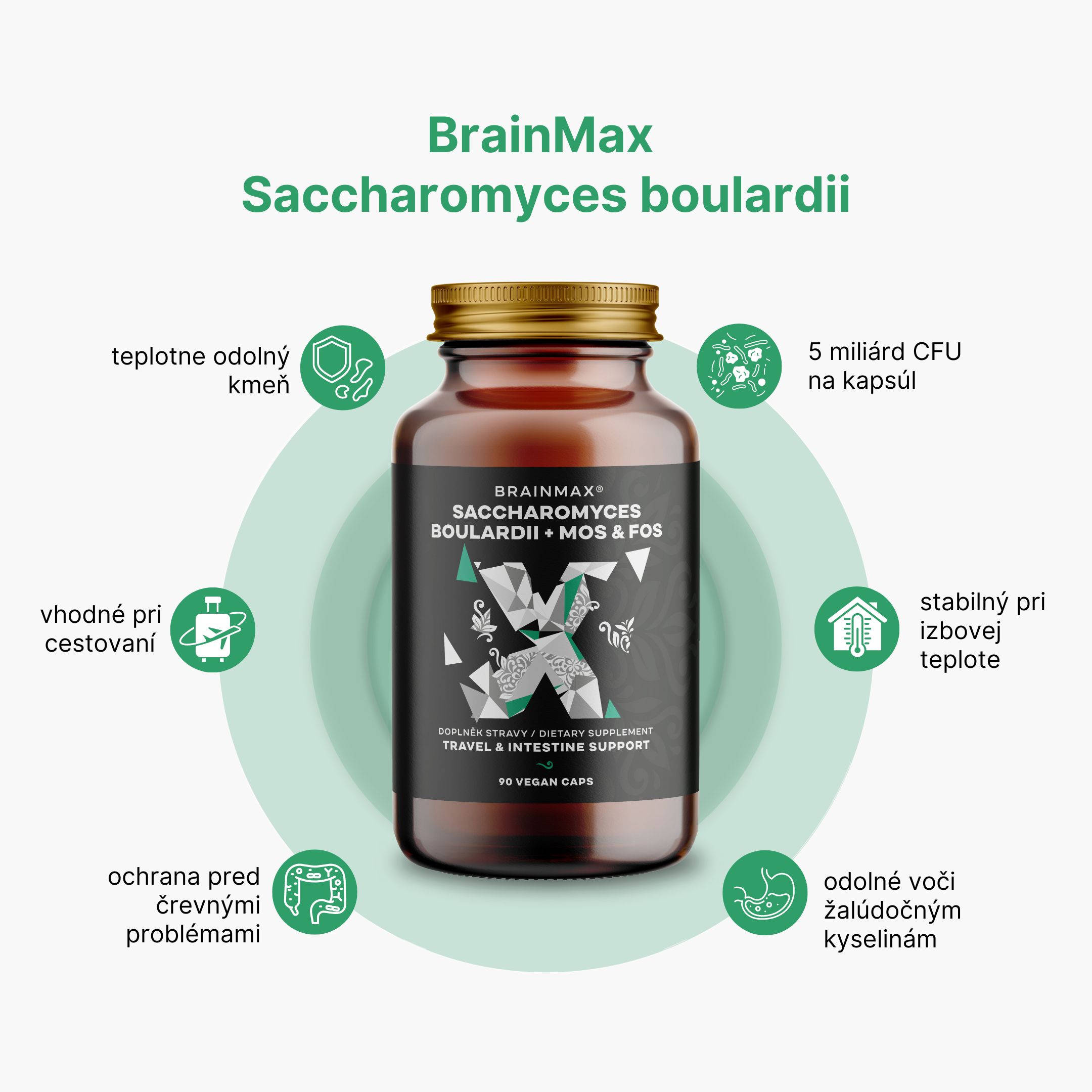 BrainMax Saccharomyces boulardii, Cestovní probiotika s MOS & FOS, 90 rostlinných kapslí Obrázek