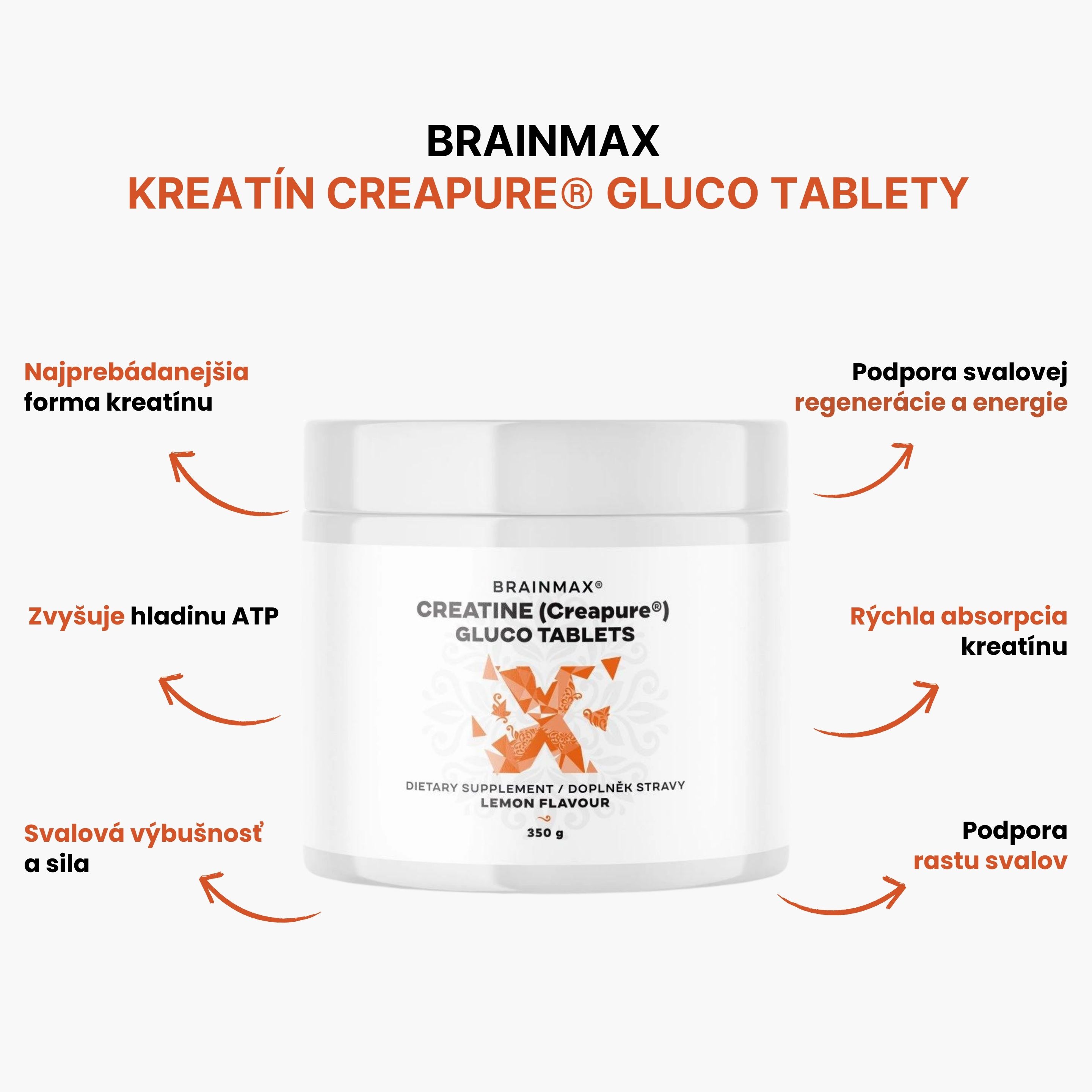 BrainMax Creapure® Gluco tablets, Lemon, 350 g Obrázek