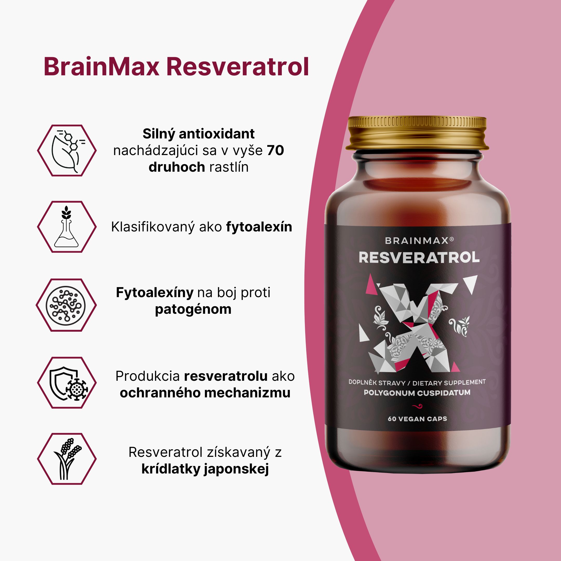 BrainMax Trans-Resveratrol, resveratrol, 500 mg, 60 rostlinných kapslí Obrázek