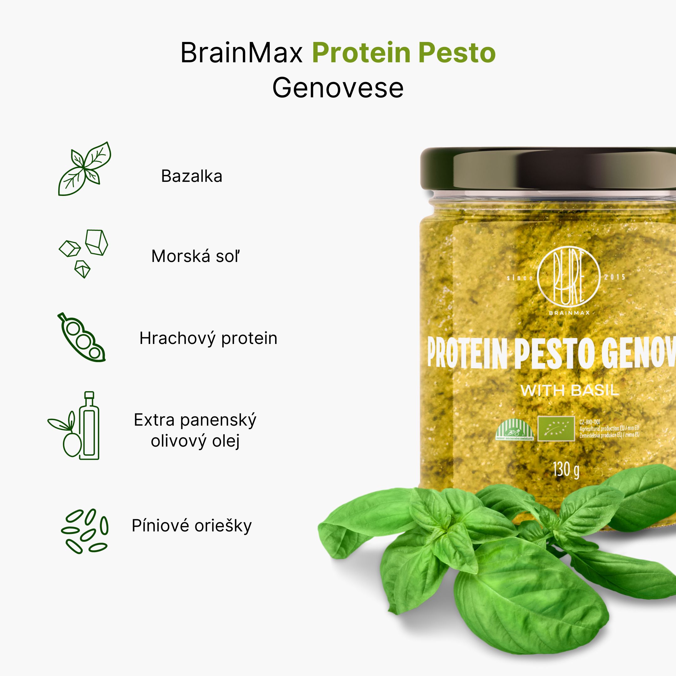 BrainMax Pure Protein Pesto Genovese, bazalkové pesto, 130 g, BIO Obrázek