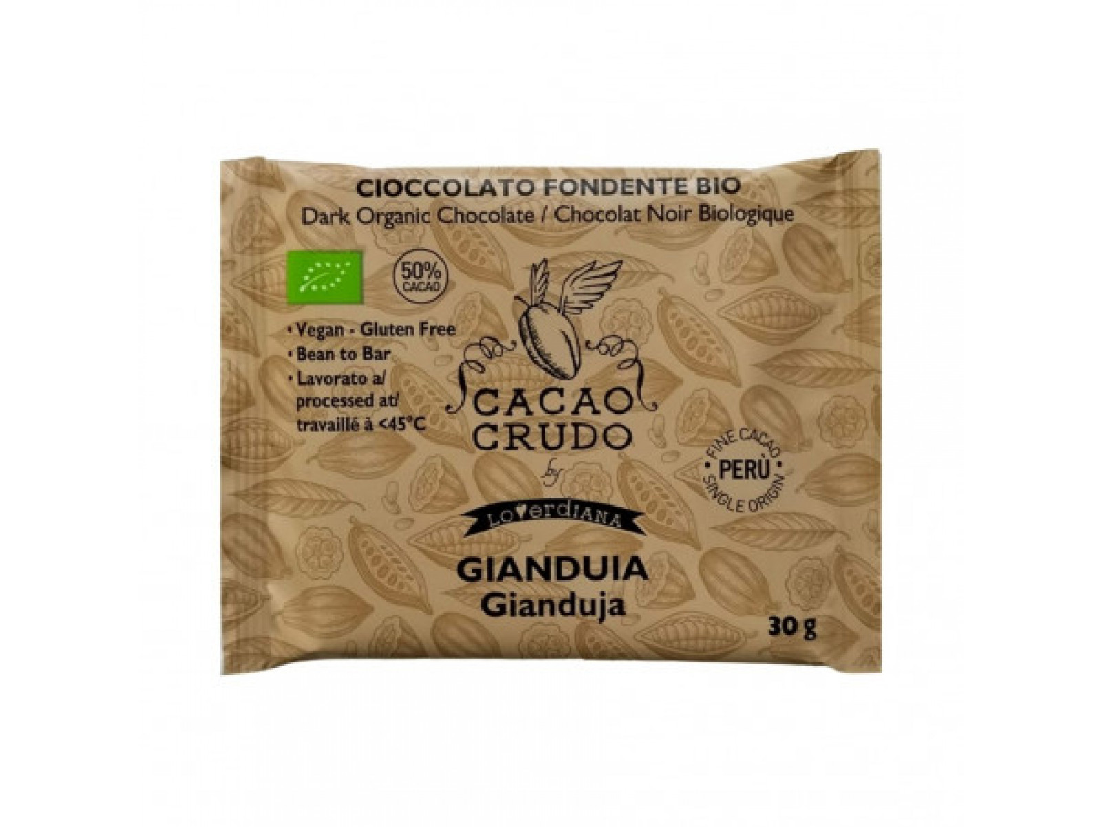 Cacao Crudo Raw Hořká čokoláda Gianduja, BIO, 30 g