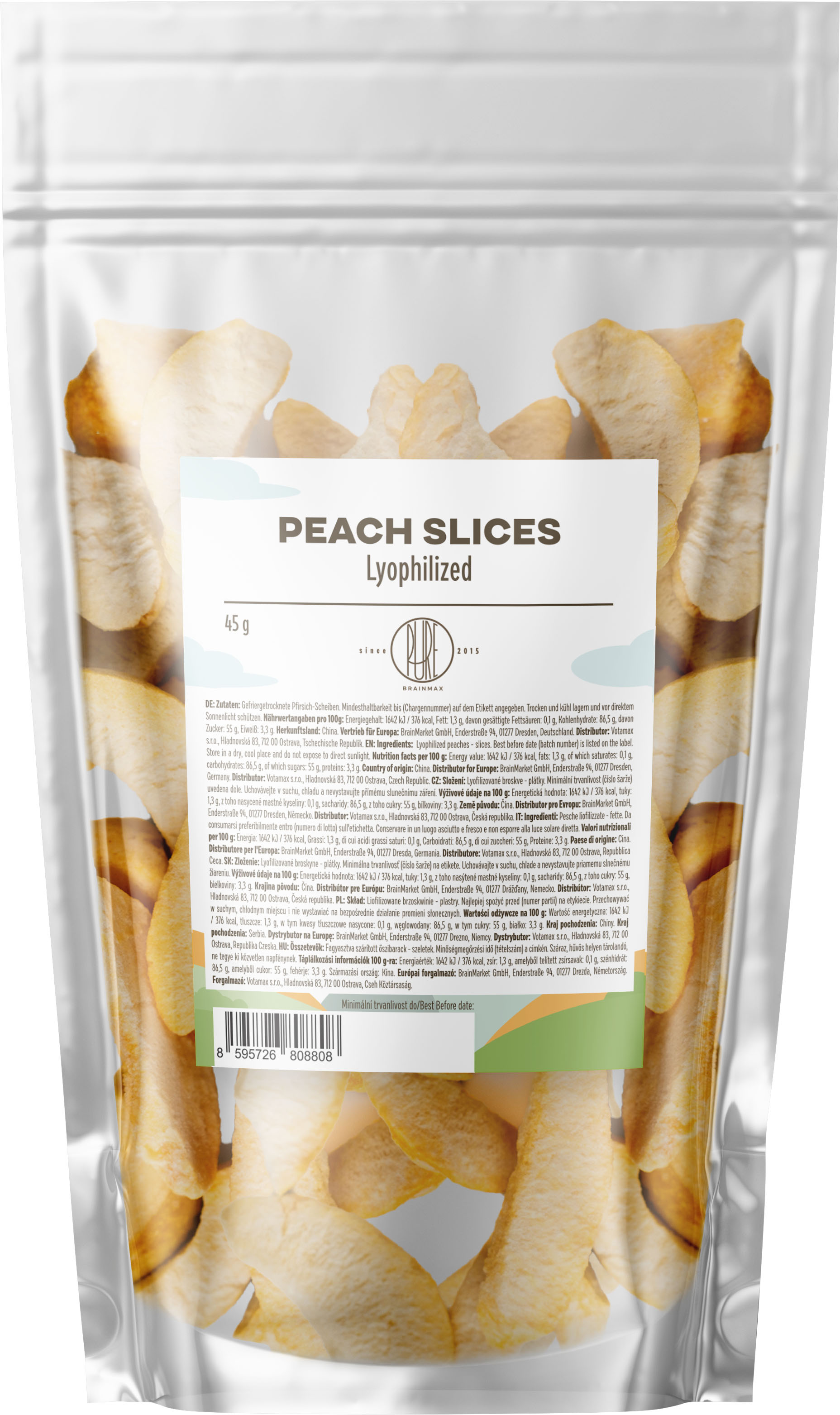 BrainMax Pure Lyophilized Peach SliceS, Brzoskwinia liofilizowana, plastry, 45 g