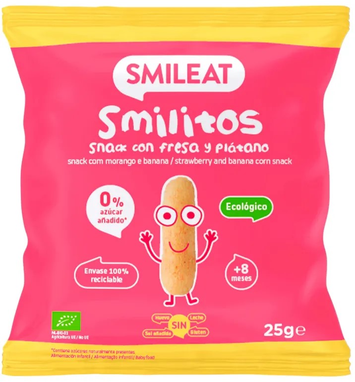 Smileat kukuřičné křupky banán a jahoda s panenským olivovým olejem 8M+, BIO, 25 g