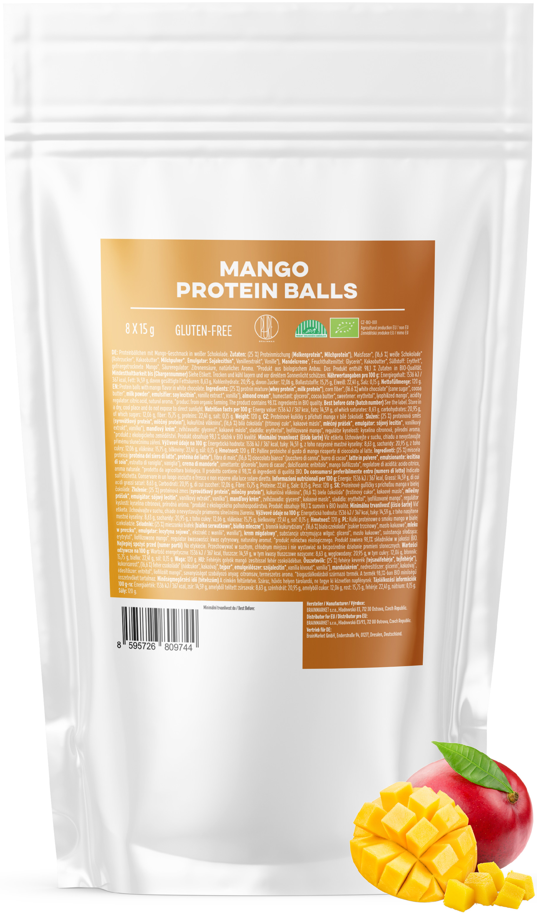 BrainMax Pure Protein Balls Mango, Proteínové guličky, Mango, BIO, 8 ks