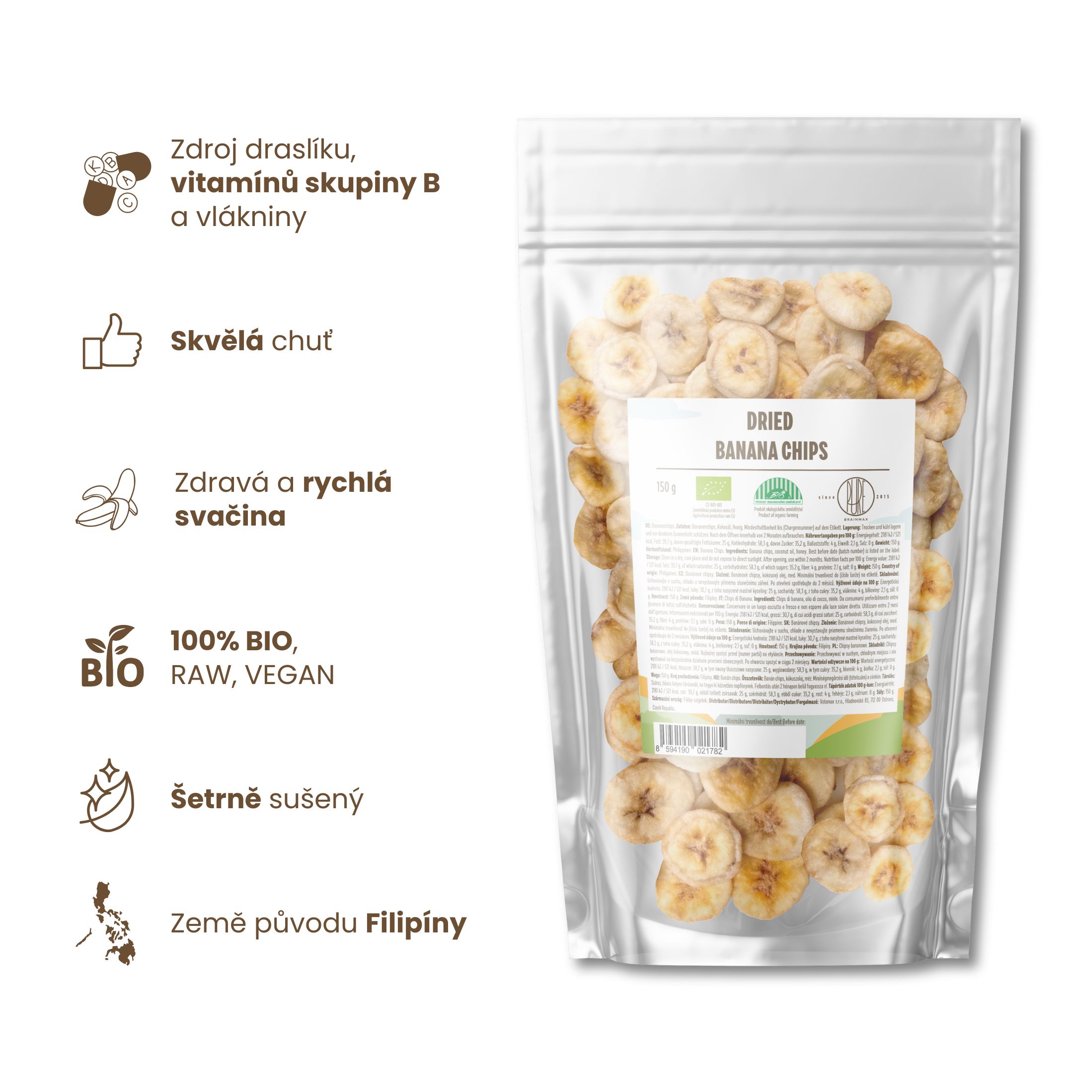 BrainMax Pure Banánové Chipsy BIO, 150 g Obrázek