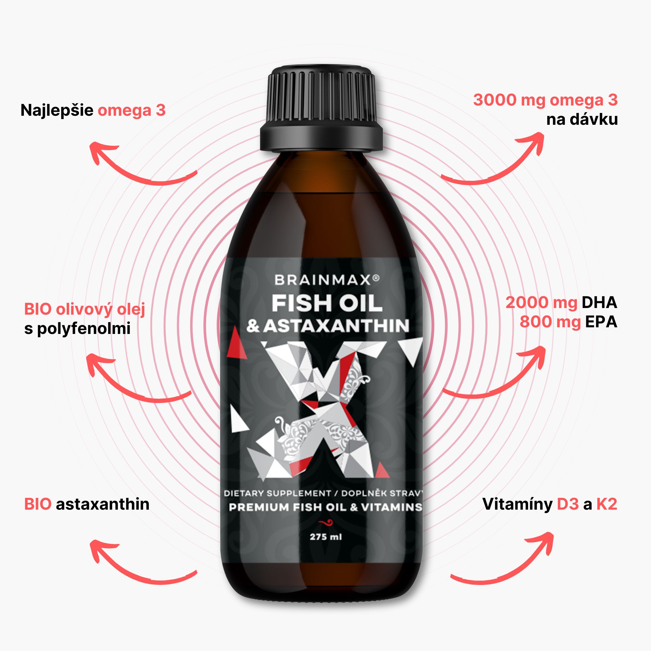 BrainMax Fish Oil & Astaxanthin, Super Omega 3, 275 ml Obrázek