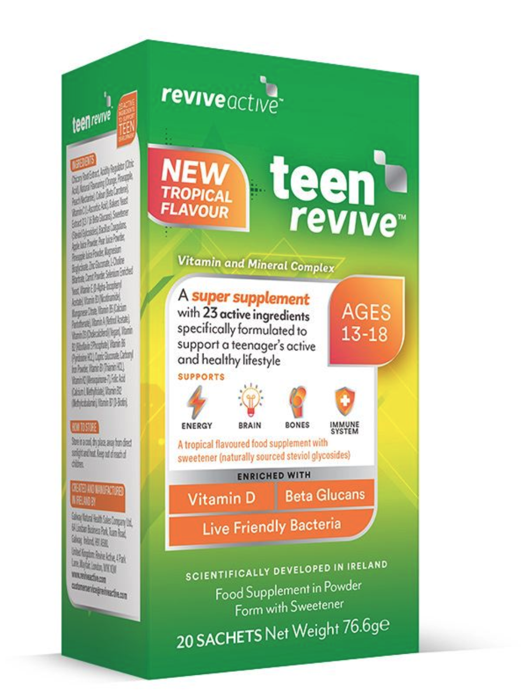 Revive Active Teen élénkítő, immunerősítő, trópusi gyümölcsös, 20 tasak