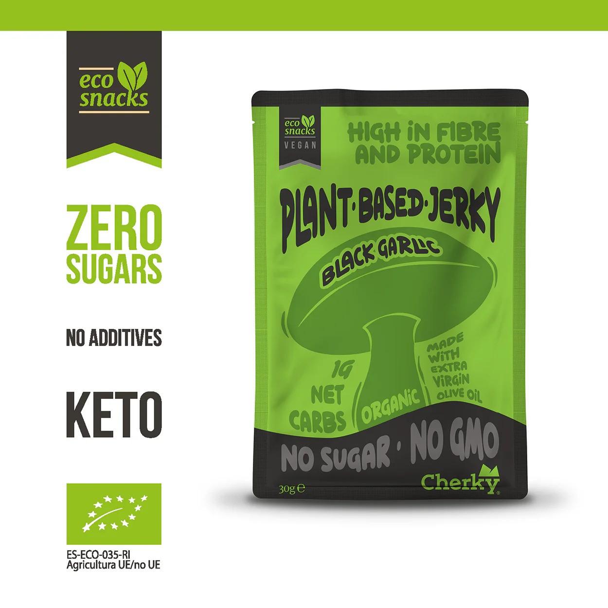 Cherky Plant Based Jerky Black Garlic & Coffee, 30 g