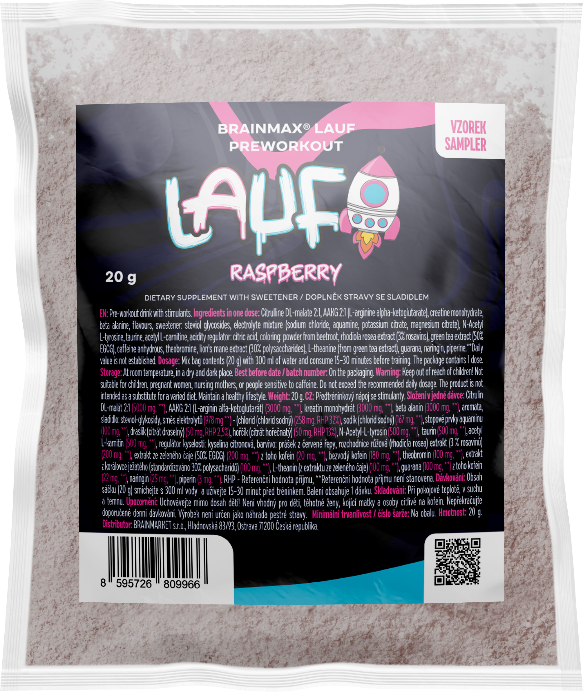 BrainMax LAUF Preworkout, s kofeínom, malina, 20 g, VZORKA