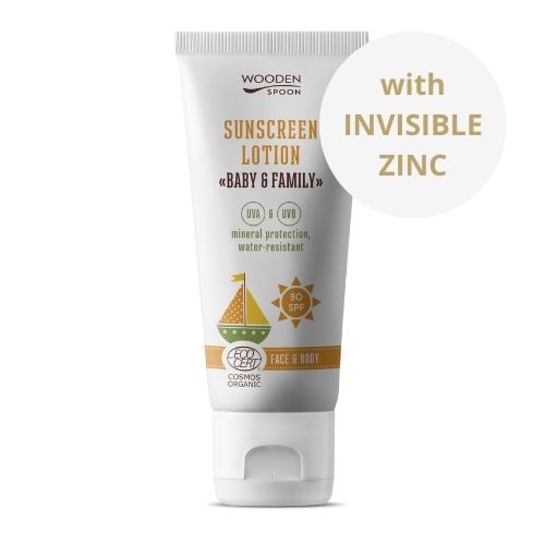 Wooden Spoon Opalovací tělové mléko Baby & Family SPF 30, 100 ml Prírodná, vodeodolná ochrana s neviditeľným zinkom.