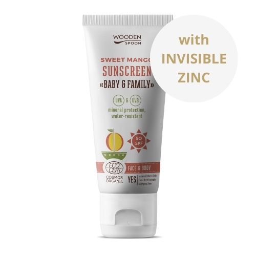 Wooden Spoon Opalovací tělové mléko Mango Baby & Family SPF 50, 100 ml Prírodné minerálne opaľovacie mlieko s vôňou manga.