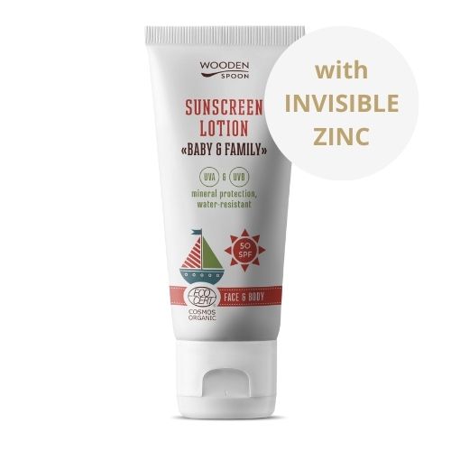 Wooden Spoon Opalovací tělové mléko Baby & Family SPF 50, 100 ml Prírodná, vodeodolná ochrana s neviditeľným zinkom.