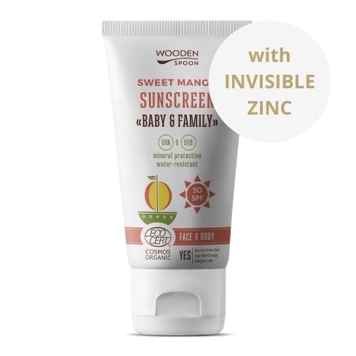 Wooden Spoon Opalovací tělové mléko Mango Baby & Family SPF 50, 150 ml Prírodné minerálne opaľovacie mlieko s vôňou manga.
