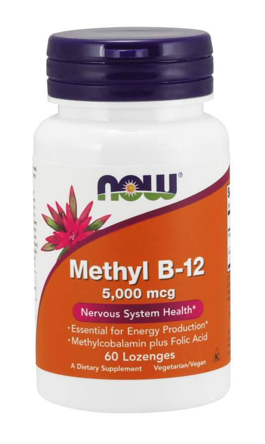 E-shop NOW® Foods NOW Methyl B12 with Folic Acid (Vitamín B12 + Kyselina Listová v aktívnych formách), 5000 mcg, 60 pastiliek