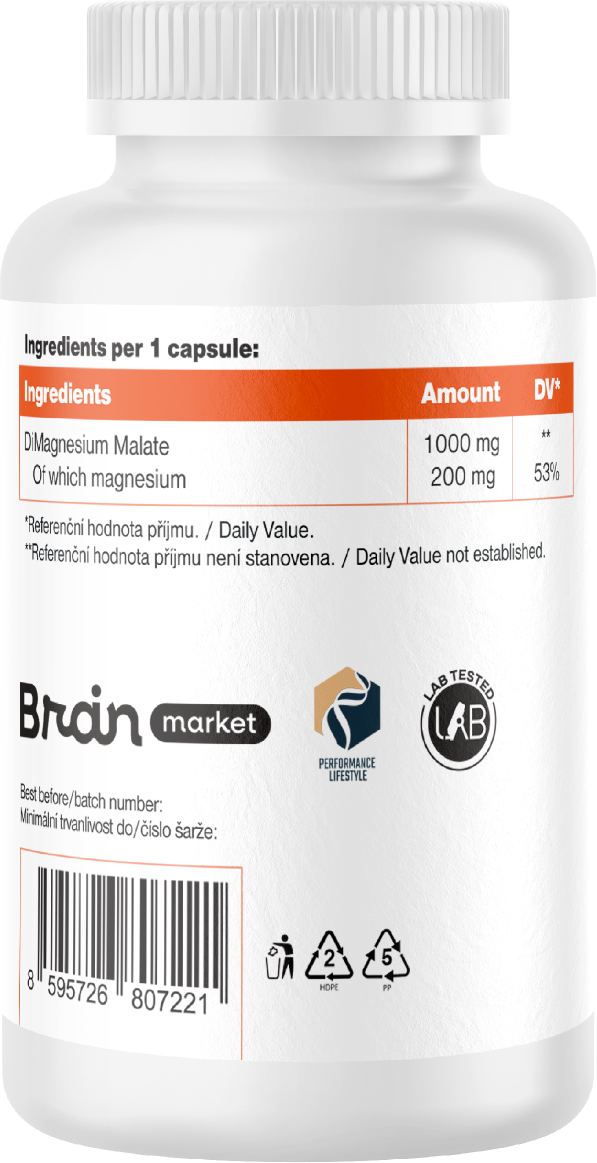 BrainMax Energy Magnesium, 1000 mg, 200 kapslí (Magnesium Malate - Hořčík malát, 164 mg) Obrázek
