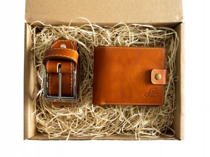 Set koženého pásku Stitched Elegant 35 mm a peněženky Classic Complete Světle hnědý