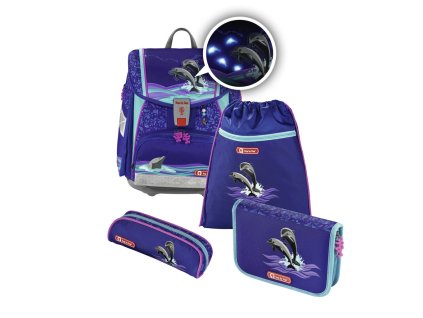 Školní aktovka pro prvňáčky - 4-dílný set, Step by Step Flash blikačka Delfíni, certifikát AGR + PowerBanka nebo brašna zdarma