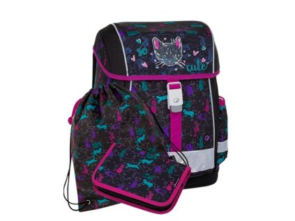Dívčí aktovka v setu kočička BAGMASTER Malý SET EPSON 8 A black/pink/blue + Pouzdro zdarma