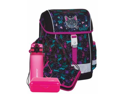 Dívčí školní aktovka pro prvňáčky kočička Bagmaster Velký SET EPSON 8 A black/pink/blue + Pouzdro zdarma