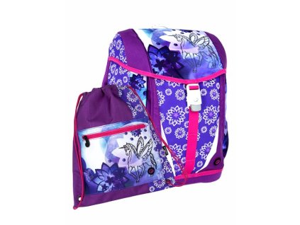 Dívčí školní aktovka-batoh s jednorožcem v setu Bagmaster MINI SET POLO 6 A violet/pink