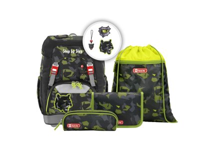 Školní batoh pro prvňáčky – 5dílný set, Step by Step GRADE Černý panter, AGR + Pouzdro zdarma