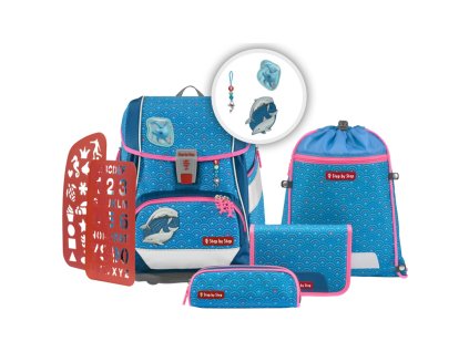 Step by Step Školní aktovka/batoh 2IN1 PLUS pro prvňáčky – 6dílný set - Dolphin Pippa + Blikačka Step by Step jako dárek