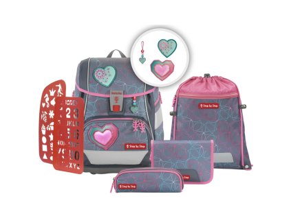 Step by Step Školní aktovka/batoh 2IN1 PLUS pro prvňáčky – 6dílný set - Glitter Heart Hazle + Blikačka Step by Step jako dárek