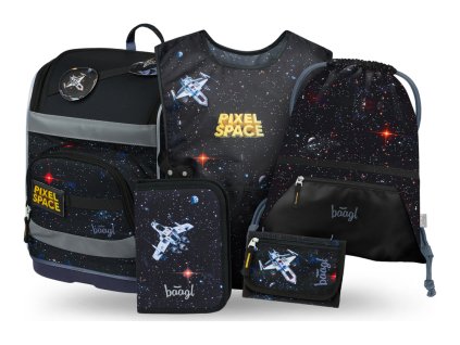 BAAGL SET 5 Zippy Plus Pixel Space: aktovka, penál, sáček, zástěra, peněženka