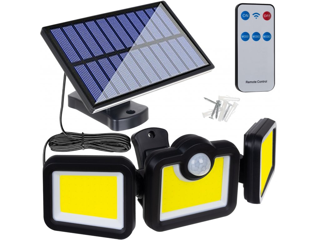 Bezdrátové solární venkovní pouliční osvětlení 120x COB LED, pohybový senzor, stmívač a dálkové ovládání - BR8131