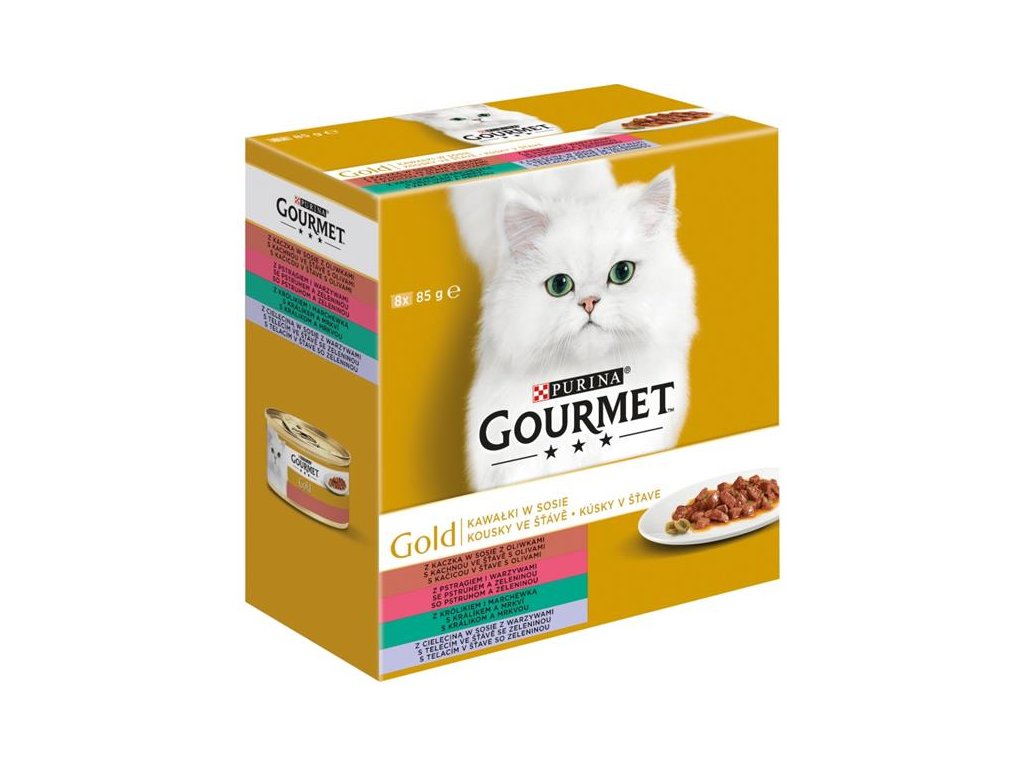 82374 1 gourmet gold multipack kachna pstruh kralik teleci 8x85g z kategorie chovatelske potreby a krmiva pro kocky krmivo a pamlsky pro kocky konzervy pro kocky