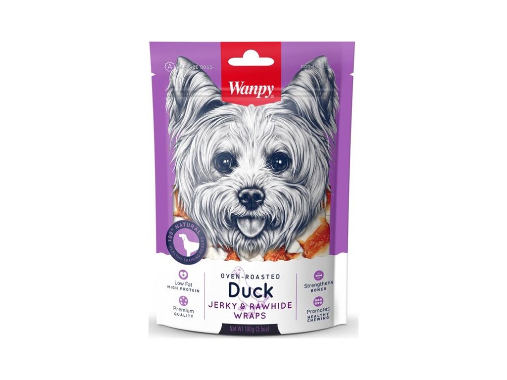 56424 1 wanpy dog duck jerky rawhide wraps 100 g z kategorie chovatelske potreby a krmiva pro psy pamlsky pro psy zvykaci pamlsky pro psy