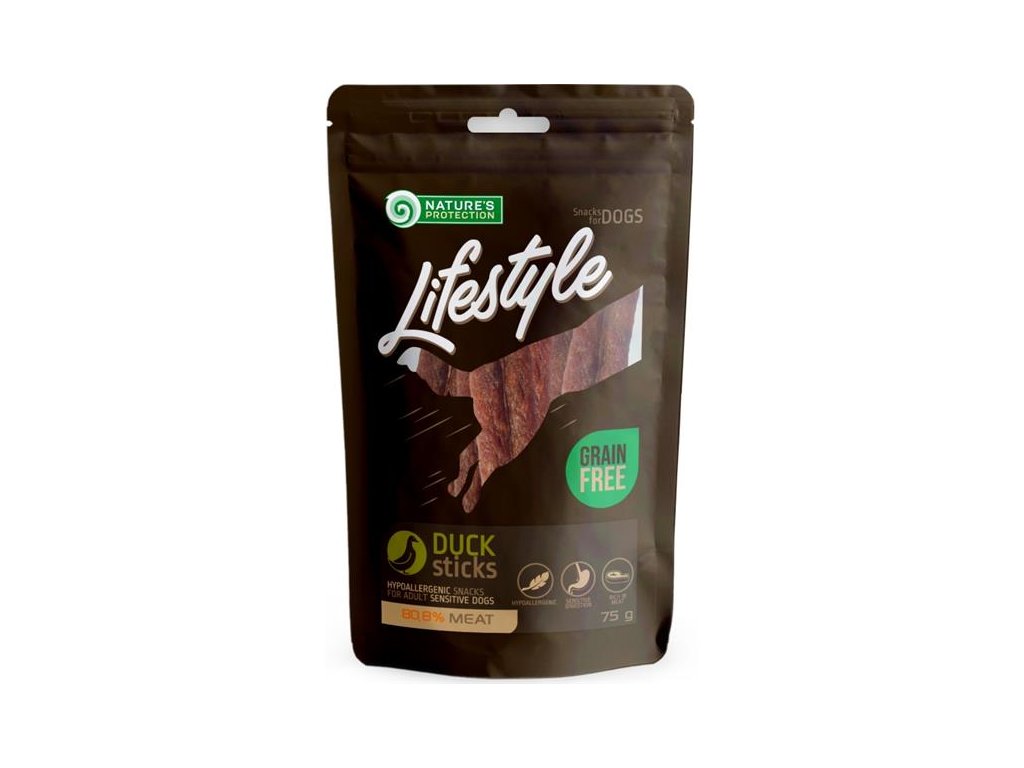 56625 1 nature s protection dog snack lifestyle kachni tycinky 75 g z kategorie chovatelske potreby a krmiva pro psy pamlsky pro psy tycinky salamky pro psy