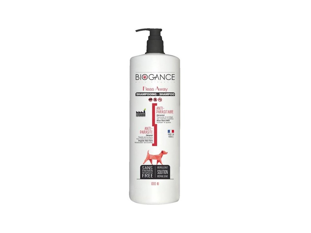 77523 2 biogance sampon fleas away dog antiparazitni 1l z kategorie chovatelske potreby a krmiva pro psy hygiena a kosmetika psa sampony a spreje pro psy
