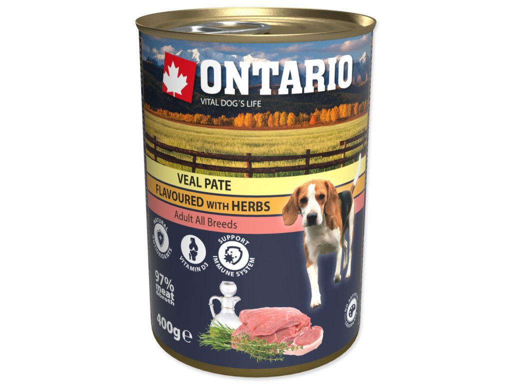 49032 1 konzerva ontario dog veal pate flavoured with herbs 400 g z kategorie chovatelske potreby a krmiva pro psy krmiva pro psy konzervy pro psy