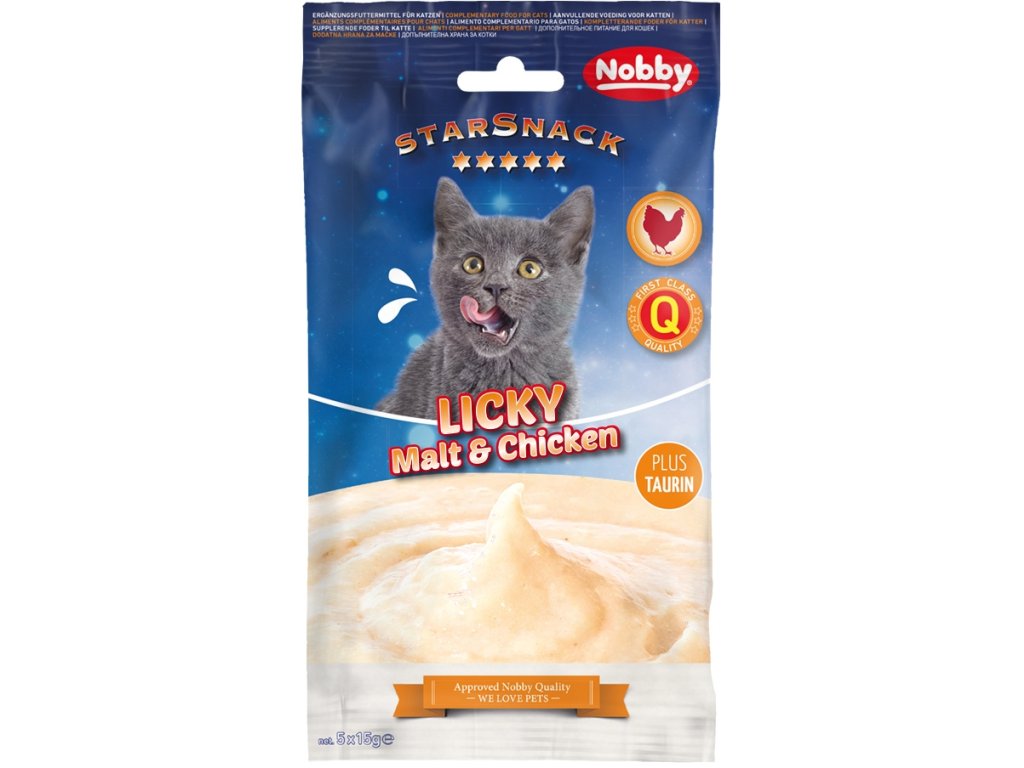 75582 nobby starsnack licky cat malt with chicken 5x15g z kategorie chovatelske potreby a krmiva pro kocky krmivo a pamlsky pro kocky pamlsky pro kocky