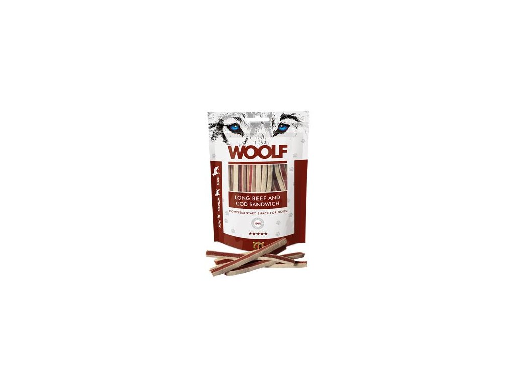 44955 1 woolf pochoutka soft beef and cod sandwich long 100g z kategorie chovatelske potreby a krmiva pro psy pamlsky pro psy polomekke pamlsky pro psy