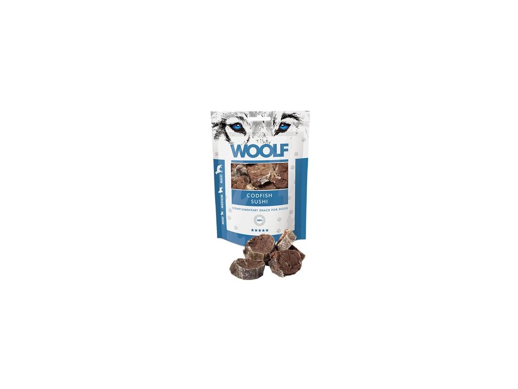 45255 1 woolf pochoutka codfish sushi 100g z kategorie chovatelske potreby a krmiva pro psy pamlsky pro psy susena masicka pro psy