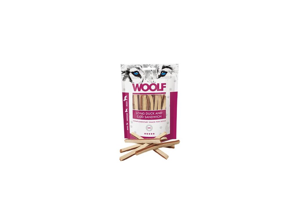 45315 1 woolf pochoutka soft duck and cod sandwich long 100g z kategorie chovatelske potreby a krmiva pro psy pamlsky pro psy tycinky salamky pro psy