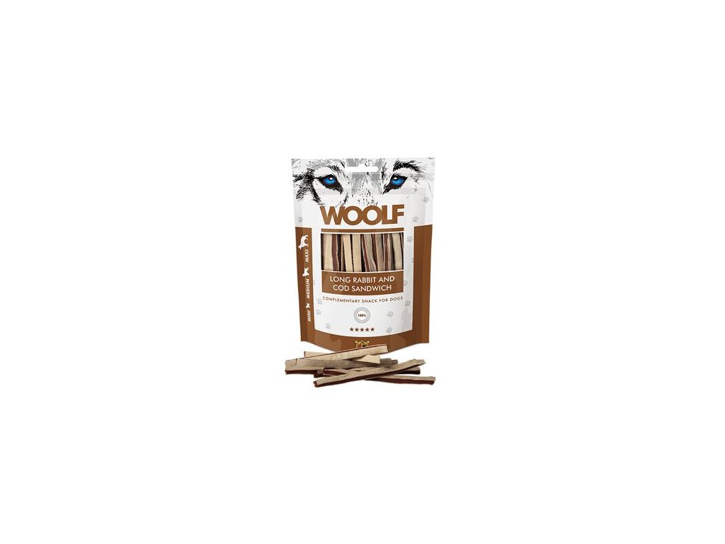 45372 1 woolf pochoutka soft rabbit cod sandwich long 100g z kategorie chovatelske potreby a krmiva pro psy pamlsky pro psy tycinky salamky pro psy