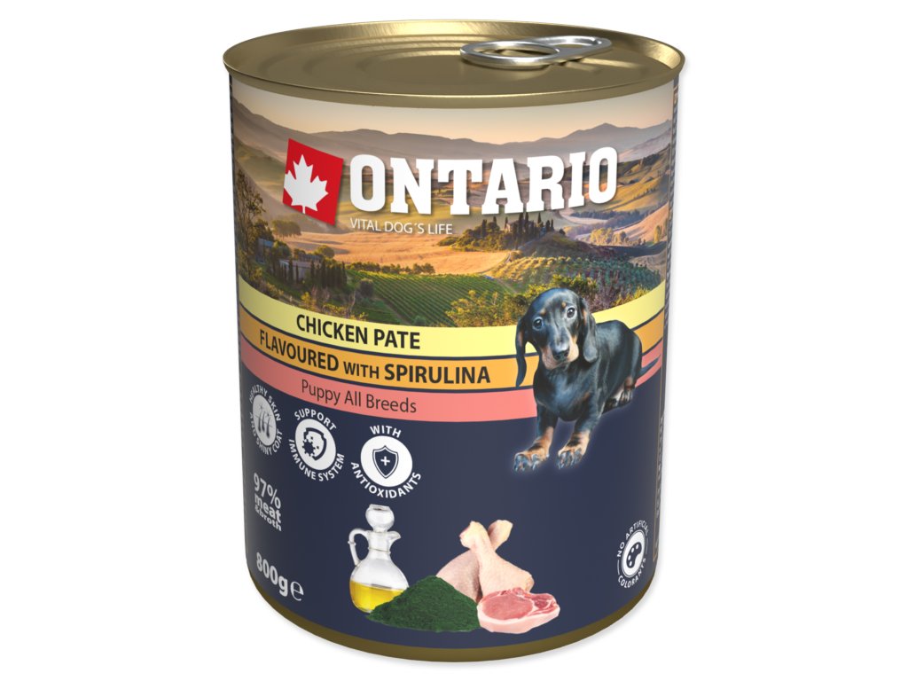 49005 1 konzerva ontario puppy chicken pate flavoured with spirulina and salmon oil 800 g z kategorie chovatelske potreby a krmiva pro psy krmiva pro psy konzervy pro psy